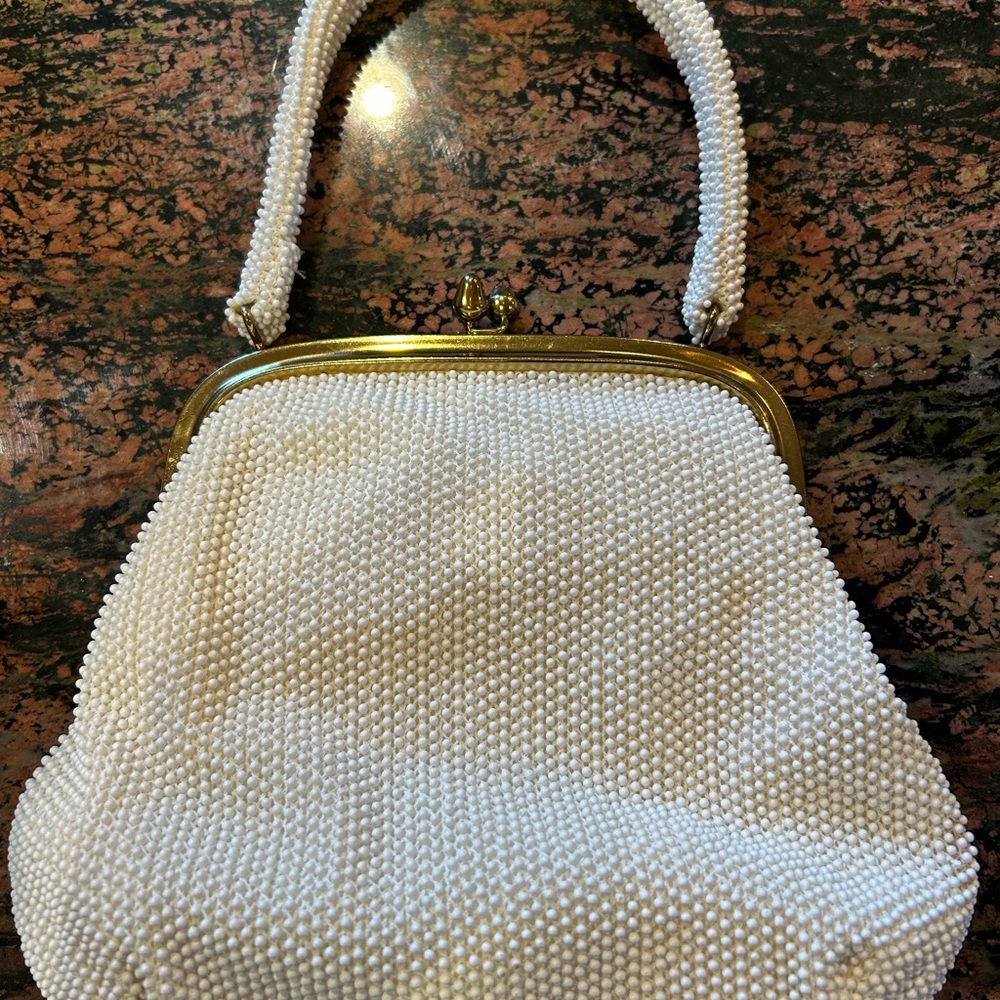 Elegant true vintage White Beaded Handbag gold accents clean great condition